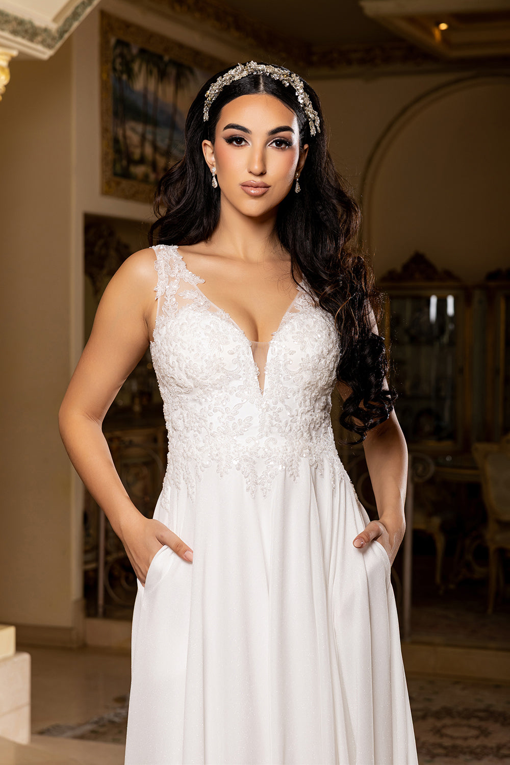 Ivory Sleeveless Plunging V-Neck Beaded Lace Wedding Dress with Pockets by May Queen MQ2137