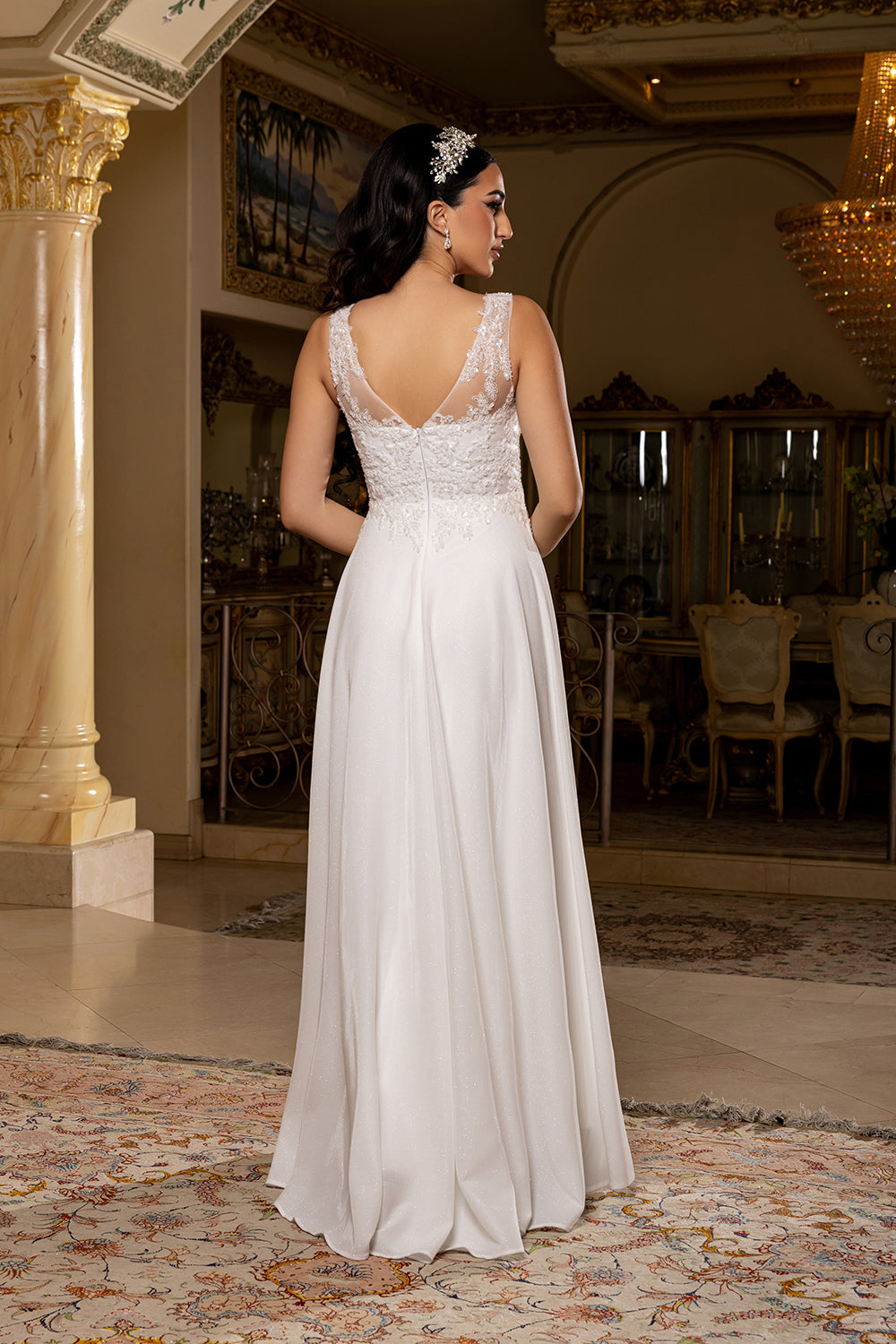 Ivory Sleeveless Plunging V-Neck Beaded Lace Wedding Dress with Pockets by May Queen MQ2137