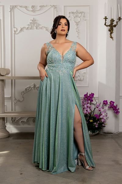 Plunging V-Neck High Slit Special Occasion Plus Size Dress By May Queen MQ2137B