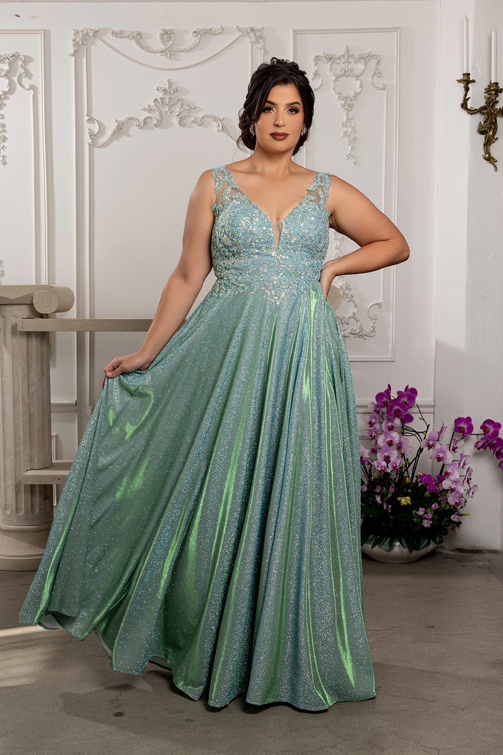 Plunging V-Neck High Slit Special Occasion Plus Size Dress By May Queen MQ2137B