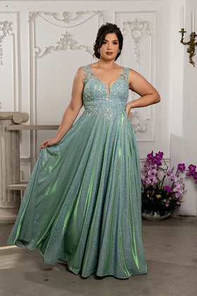 Plunging V-Neck High Slit Special Occasion Plus Size Dress By May Queen MQ2137B