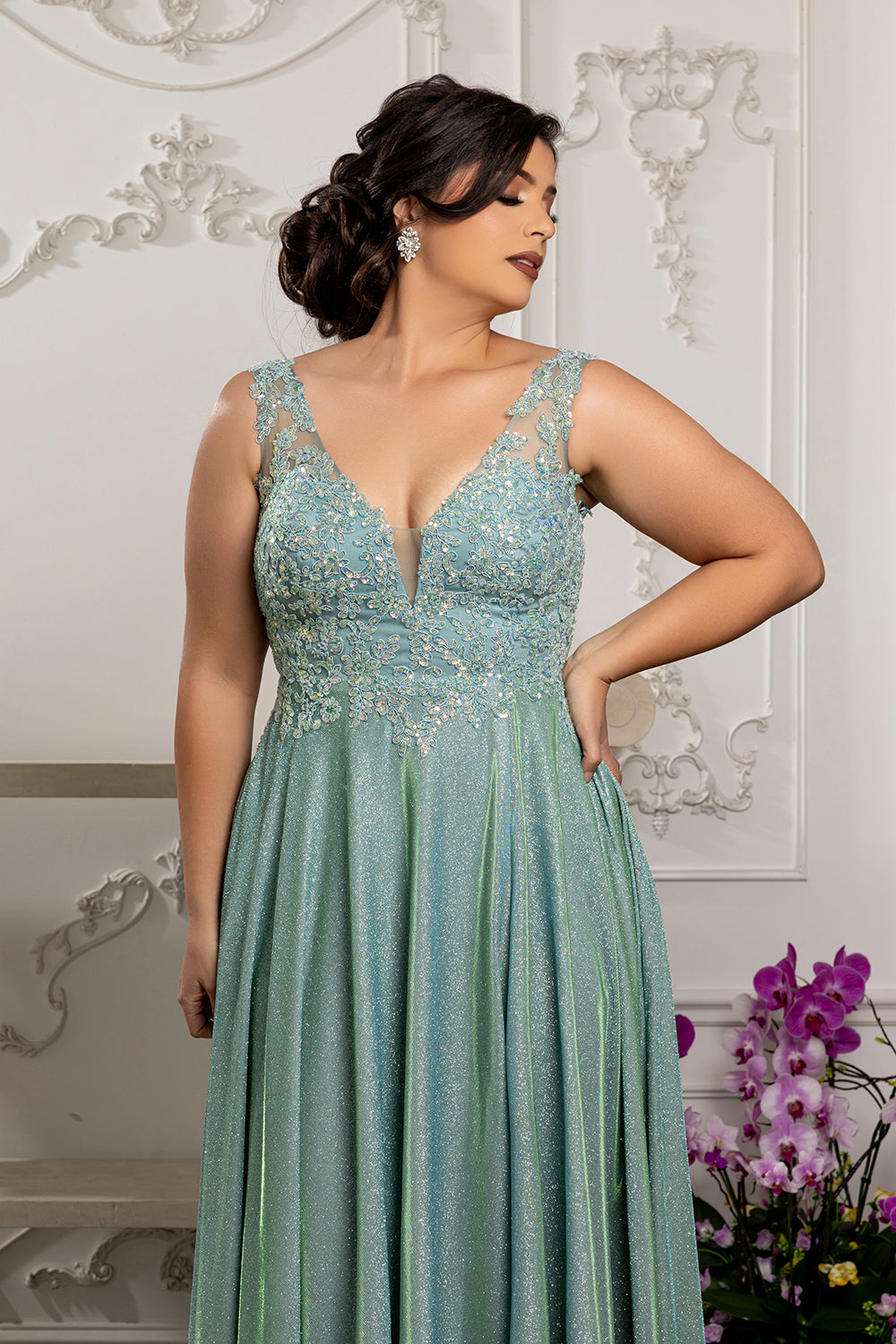 Plunging V-Neck High Slit Special Occasion Plus Size Dress By May Queen MQ2137B