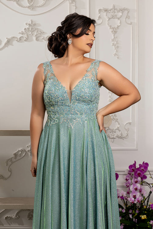 Plunging V-Neck High Slit Special Occasion Plus Size Dress By May Queen MQ2137B