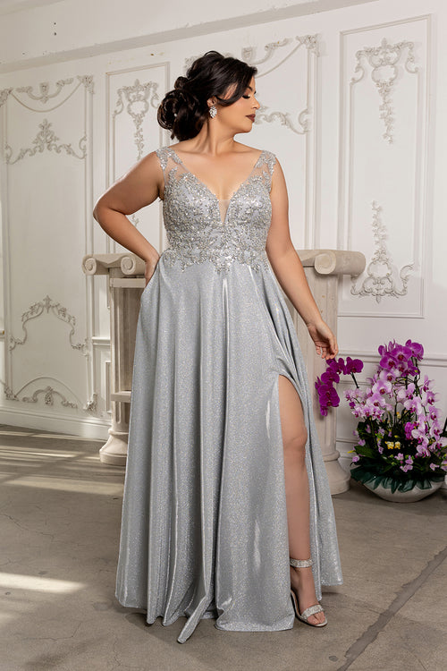 Plunging V-Neck High Slit Special Occasion Plus Size Dress By May Queen MQ2137B