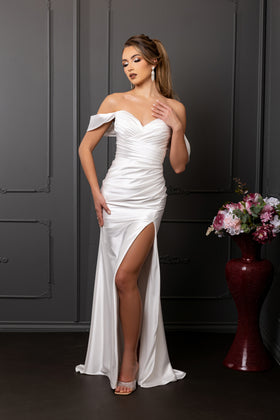 Off-Shoulder Ruched Satin Sheath Wedding Dress with High Slit & Sweep Train by May Queen MQ2138