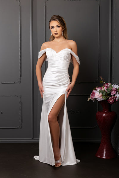 Off-Shoulder Ruched Satin Sheath Wedding Dress with High Slit & Sweep Train by May Queen MQ2138