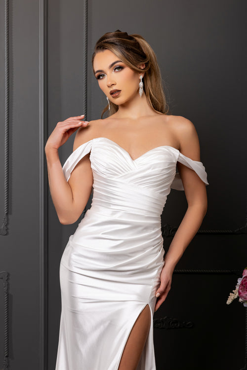 Off-Shoulder Ruched Satin Sheath Wedding Dress with High Slit & Sweep Train by May Queen MQ2138