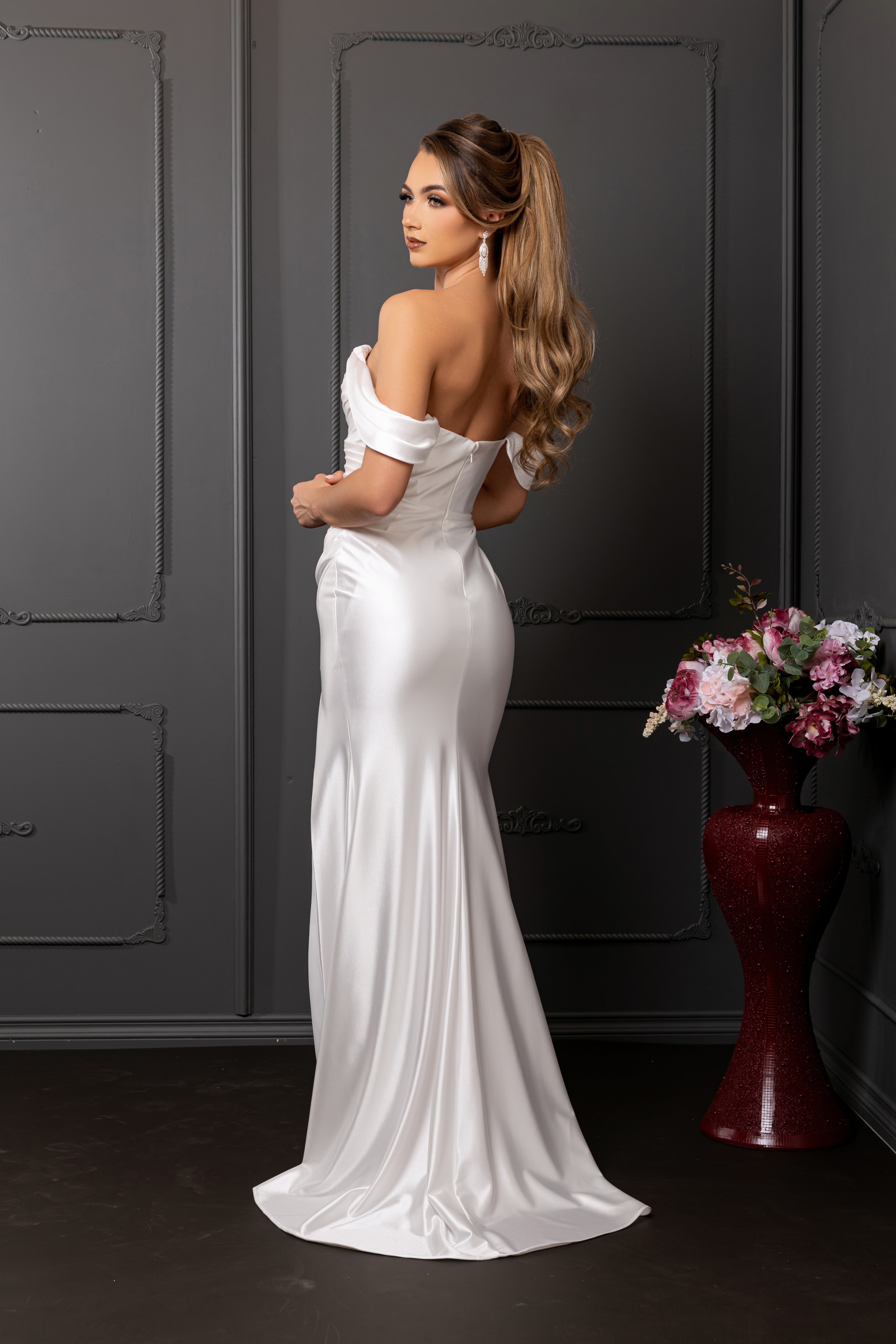 Off-Shoulder Ruched Satin Sheath Wedding Dress with High Slit & Sweep Train by May Queen MQ2138