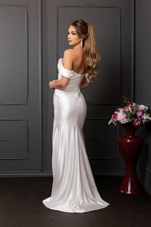 Off-Shoulder Ruched Satin Sheath Wedding Dress with High Slit & Sweep Train by May Queen MQ2138