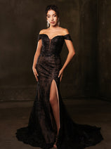 May Queen MQ2158 Off-Shoulder Glitter Gown with High Slit Formal Prom & Red-Carpet Dress