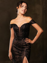 May Queen MQ2158 Off-Shoulder Glitter Gown with High Slit Formal Prom & Red-Carpet Dress
