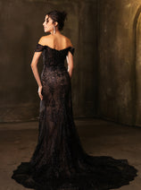 May Queen MQ2158 Off-Shoulder Glitter Gown with High Slit Formal Prom & Red-Carpet Dress