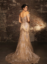 May Queen MQ2158 Off-Shoulder Glitter Gown with High Slit Formal Prom & Red-Carpet Dress