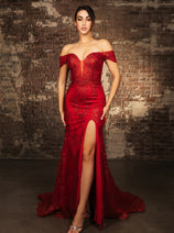 May Queen MQ2158 Off-Shoulder Glitter Gown with High Slit Formal Prom & Red-Carpet Dress