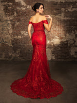 May Queen MQ2158 Off-Shoulder Glitter Gown with High Slit Formal Prom & Red-Carpet Dress