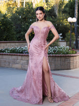 May Queen MQ2158 Off-Shoulder Glitter Gown with High Slit Formal Prom & Red-Carpet Dress