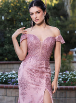 May Queen MQ2158 Off-Shoulder Glitter Gown with High Slit Formal Prom & Red-Carpet Dress