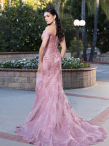May Queen MQ2158 Off-Shoulder Glitter Gown with High Slit Formal Prom & Red-Carpet Dress