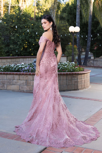 May Queen MQ2158 Off-Shoulder Glitter Gown with High Slit Formal Prom & Red-Carpet Dress