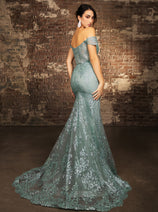 May Queen MQ2158 Off-Shoulder Glitter Gown with High Slit Formal Prom & Red-Carpet Dress