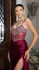 Evening Gown with Beaded Corset Bodice & High Slit Prom Dress By May Queen MQ2168