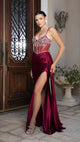 Evening Gown with Beaded Corset Bodice & High Slit Prom Dress By May Queen MQ2168