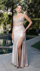 Evening Gown with Beaded Corset Bodice & High Slit Prom Dress By May Queen MQ2168
