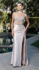 Evening Gown with Beaded Corset Bodice & High Slit Prom Dress By May Queen MQ2168