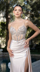 Evening Gown with Beaded Corset Bodice & High Slit Prom Dress By May Queen MQ2168