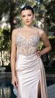 Evening Gown with Beaded Corset Bodice & High Slit Prom Dress By May Queen MQ2168