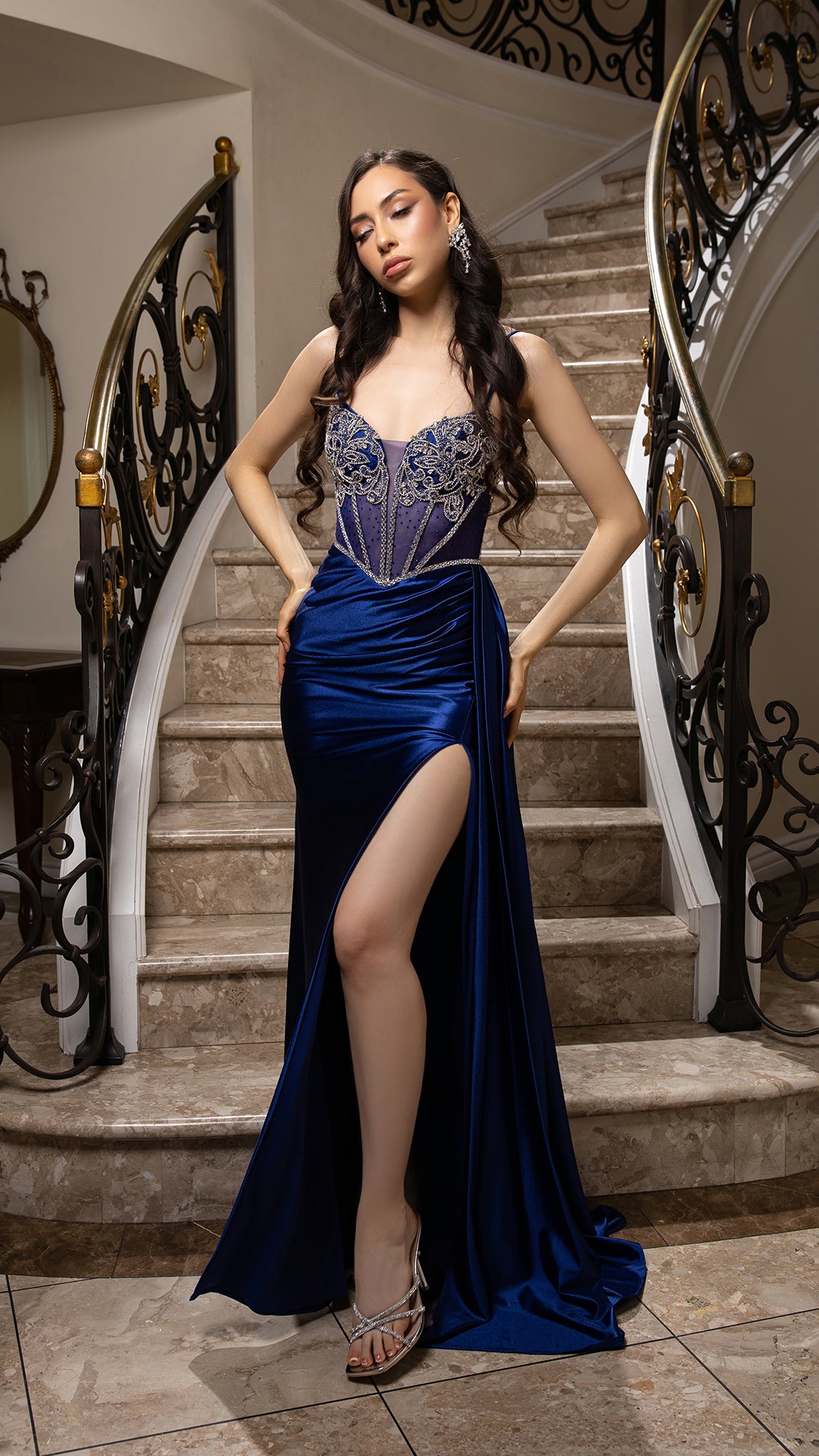 Evening Gown with Beaded Corset Bodice & High Slit Prom Dress By May Queen MQ2168