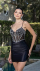 Satin Mini Dress with Sheer Corset Bodice & Rhinestone Embellished Lace-Up Back By May Queen MQ2169