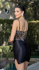Satin Mini Dress with Sheer Corset Bodice & Rhinestone Embellished Lace-Up Back By May Queen MQ2169