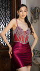 Satin Mini Dress with Sheer Corset Bodice & Rhinestone Embellished Lace-Up Back By May Queen MQ2169