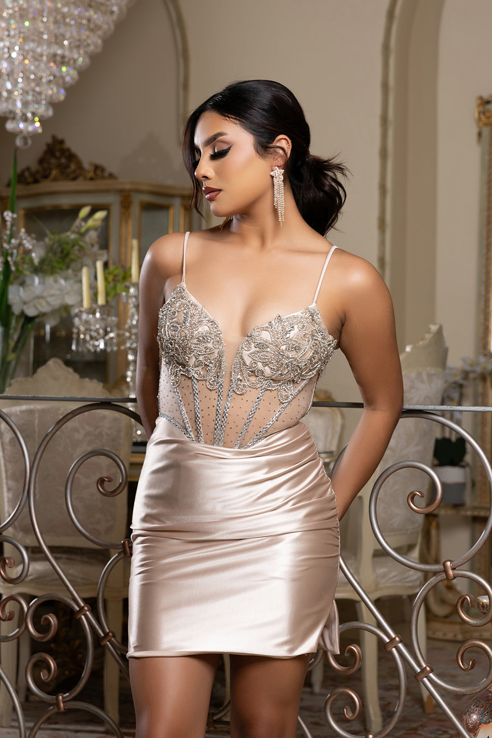 Satin Mini Dress with Sheer Corset Bodice & Rhinestone Embellished Lace-Up Back By May Queen MQ2169