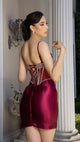 Satin Mini Dress with Sheer Corset Bodice & Rhinestone Embellished Lace-Up Back By May Queen MQ2169