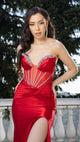 Strapless Crystal Embellished Satin Evening Gown with High Slit Formal Prom Dress By May Queen MQ2170