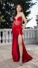 Strapless Crystal Embellished Satin Evening Gown with High Slit Formal Prom Dress By May Queen MQ2170