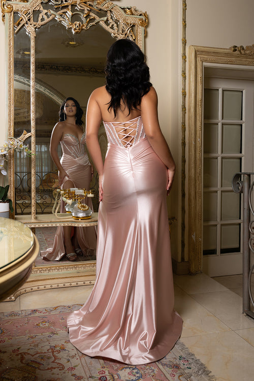 Strapless Crystal Embellished Satin Evening Gown with High Slit Formal Prom Dress By May Queen MQ2170