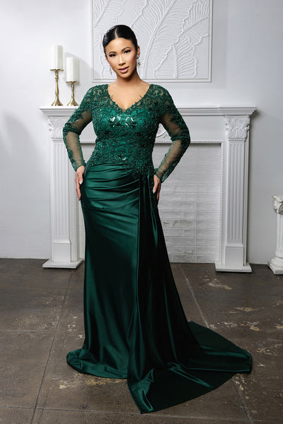 Elegant Lace Mother of the Bride Gown with Long Sleeves & Satin Skirt Dress by May Queen MQ2172