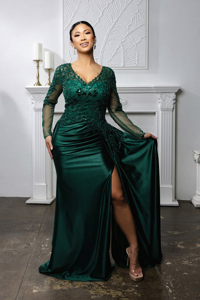 Elegant Lace Mother of the Bride Gown with Long Sleeves & Satin Skirt Dress by May Queen MQ2172