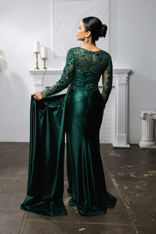Elegant Lace Mother of the Bride Gown with Long Sleeves & Satin Skirt Dress by May Queen MQ2172