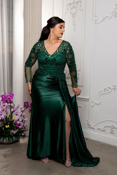 Elegant Lace Mother of the Bride Gown with Long Sleeves & Satin Skirt Dress by May Queen MQ2172