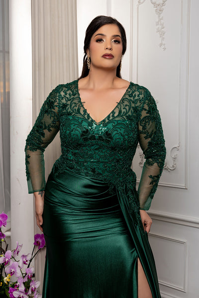 Elegant Lace Mother of the Bride Gown with Long Sleeves & Satin Skirt Dress by May Queen MQ2172