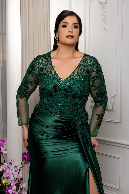 Elegant Lace Mother of the Bride Gown with Long Sleeves & Satin Skirt Dress by May Queen MQ2172