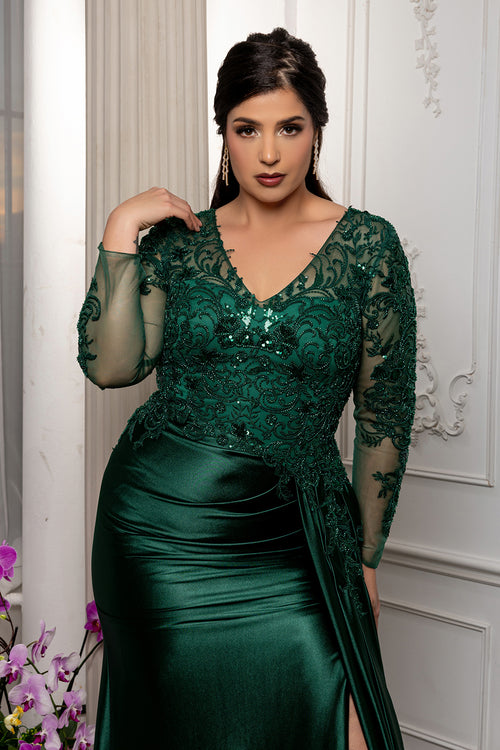 Elegant Lace Mother of the Bride Gown with Long Sleeves & Satin Skirt Dress by May Queen MQ2172