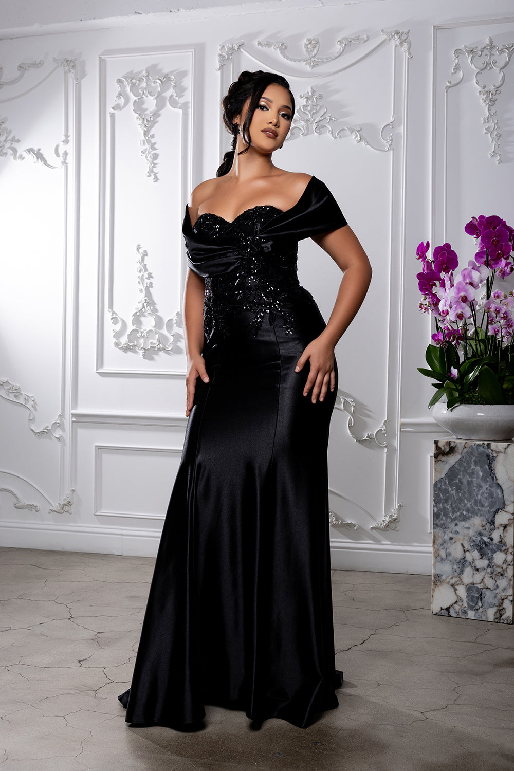 Off Shoulder Satin Evening Gown with Beaded Lace Appliqué Fitted Mermaid Dress by May Queen MQ2174