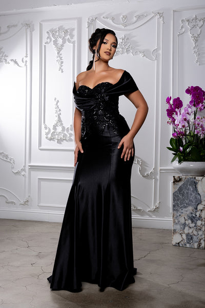 Off Shoulder Satin Evening Gown with Beaded Lace Appliqué Fitted Mermaid Dress by May Queen MQ2174