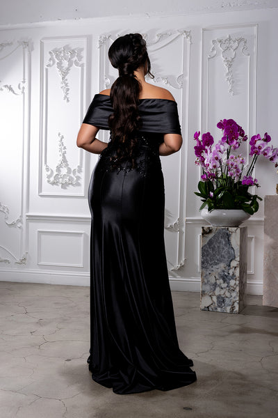 Off Shoulder Satin Evening Gown with Beaded Lace Appliqué Fitted Mermaid Dress by May Queen MQ2174
