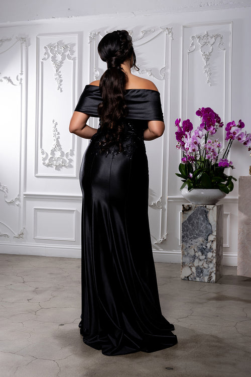 Off Shoulder Satin Evening Gown with Beaded Lace Appliqué Fitted Mermaid Dress by May Queen MQ2174